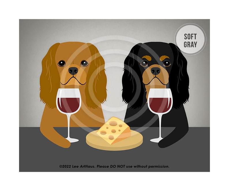 444DP Two Cavalier King Charles Spaniels Drinking Wine and Eating Cheese Wall Art Dog Wall Decor Cavie Art Prints Dog Drinking Wine image 3