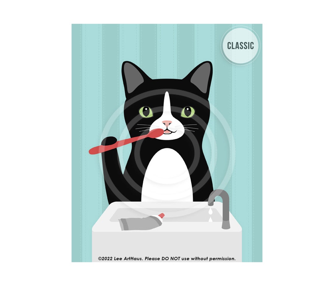 293DP Cat Bathroom Art Black and White Cat Brushing Teeth Wall Art Cat ...