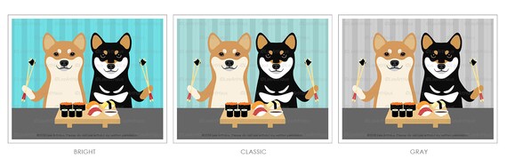 758d Sushi Art Prints Two Shiba Inu Dogs Eating Sushi Wall Art Shiba Inu Dog Drawing Japanese Food Art Pet Portrait Sushi Drawing