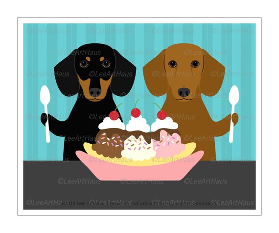 29d Dog Print Two Dachshunds Eating Banana Split Wall Art Etsy