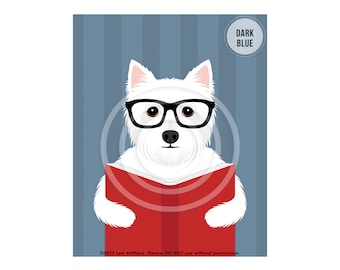 746DP Westie Gifts - Book Art Print - Westie Dog Reading a Book Wall Art - Libary Decor - West Highland White Terrier Dog - Westie Dog Decor