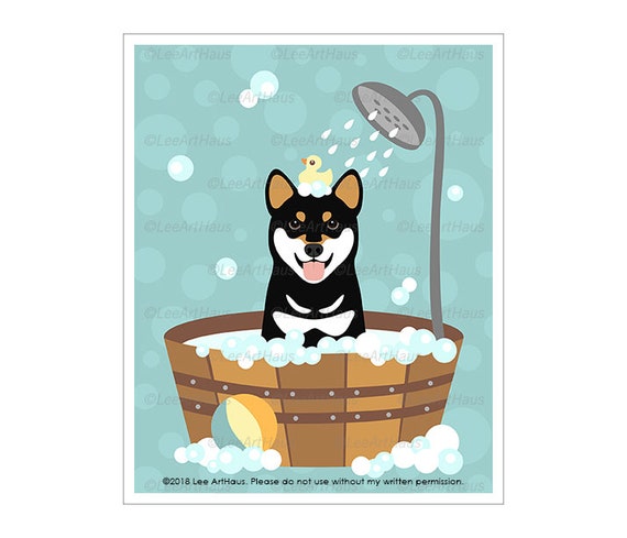 716d Dog Art Prints Black And Tan Shiba Inu In Bubble Bath Wall Art Shiba Inu Print Shiba Inu Drawing Dog Taking Bath Dog Poster