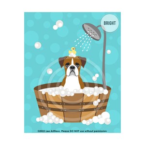 45DP Dog Prints Brown Boxer Dog in Wooden Tub Wall Art Bathroom Art Boxer Print Bath Print Dog Drawing Dog Art Pet Portrait BRIGHT