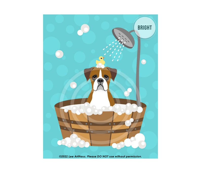 45DP Dog Prints Brown Boxer Dog in Wooden Tub Wall Art Bathroom Art Boxer Print Bath Print Dog Drawing Dog Art Pet Portrait BRIGHT