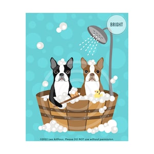 26DP Bathroom Art Decor Two Boston Terrier Dogs in Wooden Bathtub Wall Art Bathroom Wall Art Bath Print Dog Bathroom Decor image 1