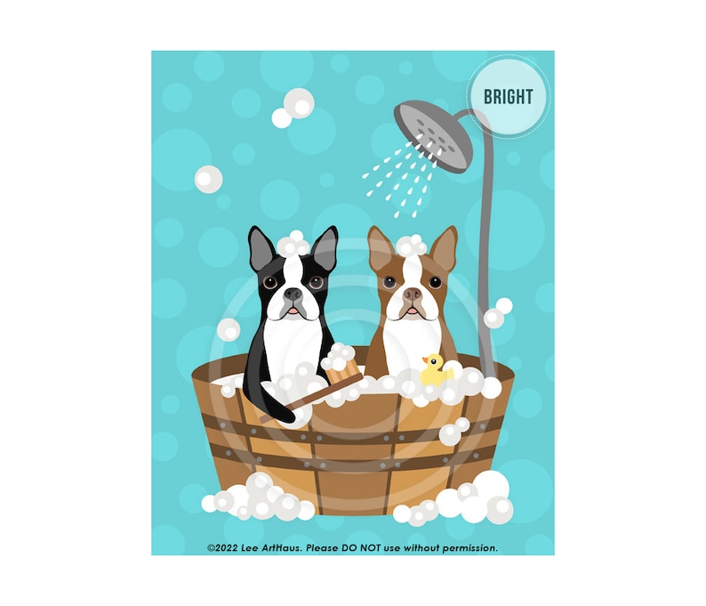 26DP Bathroom Art Decor Two Boston Terrier Dogs in Wooden Bathtub Wall Art Bathroom Wall Art Bath Print Dog Bathroom Decor image 1