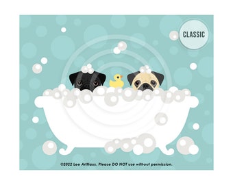 177DP Dog Print - Fawn and Black Pugs in Bubble Bath Wall Art - Bathroom Decor - Bath Prints - Dog Wall Art - Pug Print - Pug Art - Bath Art