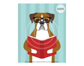 404DP Animal Artwork - Brown Boxer Dog Reading Book Wall Art - Boxer Dog Gifts - Dog Nursery Decor - Children Wall Decor - Book Art Prints
