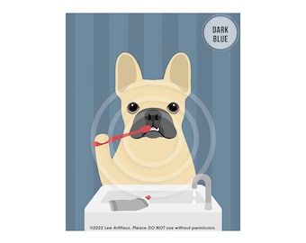 123DP French Bulldog Brushing Teeth Wall Art - Dog Artwork - Funny Dog Drawing - Bathroom Decor - Dog Theme Bathroom Art - Dog Canvas