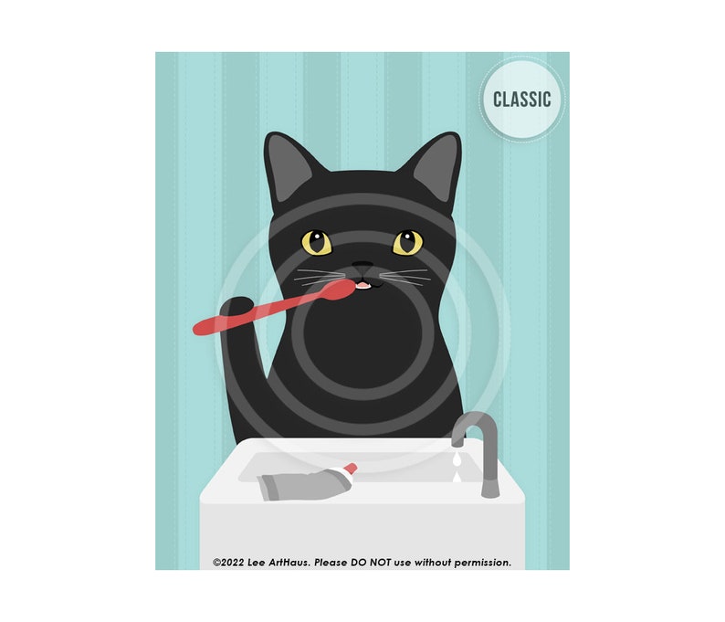 292DP Black Cat Bath Art Black Cat Brushing Teeth Wall Art Black Cat Decor Brush Your Teeth Sign Cat Lovers Gift Bath Wall Decor CLASSIC