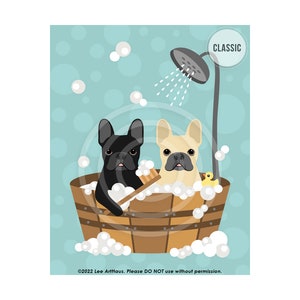120DP French Bulldog Gifts - Two French Bulldogs in Wooden Tub Wall Art  - French Bulldog Print - Bathroom Art - Bath Print - Dog Art