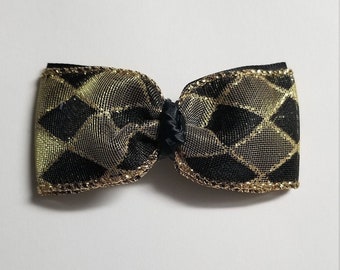 JESTER gold metallic and black satin bow hairclip(rockabilly, steampunk, goth, lolita, emo scene skater