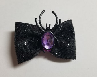 Black glitter faux leather bow with purple gem spider center hair bow clip 2.5"