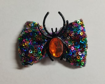 Rainbow Sequins orange gem spider hair bow clip 2.5"