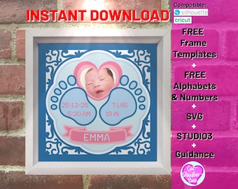 3D Baby shadow box template, baby shower photo frame svg, layered baby birth born shadowbox svg, girl boy gender reveal svg cut file