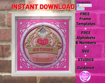May include: A pink and gold 30th birthday crown with a heart in the center and the name Emma on a banner. The crown is in a white frame with a pink background. The image includes the text "30th Birthday" and "Emma".