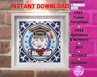 3D customizable graduation shadow box svg, layered grad cap hat svg template, diploma svg high school college cut file for cricut silhouette