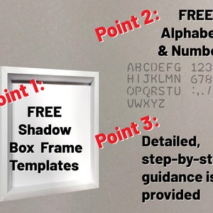 May include: A white shadow box frame with the text "FREE Shadow Box Frame Templates" inside. The image also includes three points with text: "Point 1: FREE Shadow Box Frame Templates", "Point 2: FREE Alphabets & Numbers ABCDEFG 12345 HIJKLMN 67890 OPQRSTU :,./-& VWXYZ", and "Point 3: Detailed, step-by-step guidance is provided".
