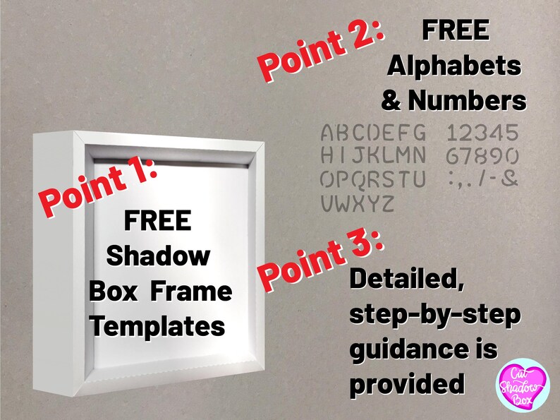 May include: A white shadow box frame with the text "FREE Shadow Box Frame Templates" inside. The image also includes three points with text: "Point 1: FREE Shadow Box Frame Templates", "Point 2: FREE Alphabets & Numbers ABCDEFG 12345 HIJKLMN 67890 OPQRSTU :,./-& VWXYZ", and "Point 3: Detailed, step-by-step guidance is provided".