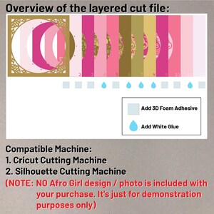 May include: A diagram showing the layers of a layered cut file for a craft project. The layers are numbered 1 through 12. The layers are pink, gold, and white. The diagram includes instructions for adding 3D foam adhesive and white glue. The text "Compatible Machine: 1. Cricut Cutting Machine 2. Silhouette Cutting Machine (NOTE: NO Afro Girl design / photo is included with your purchase. It's just for demonstration purposes only)" is also included.