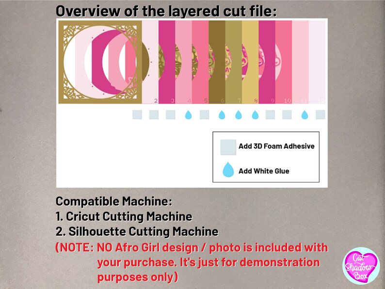 May include: A diagram showing the layers of a layered cut file for a craft project. The layers are numbered 1 through 12. The layers are pink, gold, and white. The diagram includes instructions for adding 3D foam adhesive and white glue. The text "Compatible Machine: 1. Cricut Cutting Machine 2. Silhouette Cutting Machine (NOTE: NO Afro Girl design / photo is included with your purchase. It's just for demonstration purposes only)" is also included.