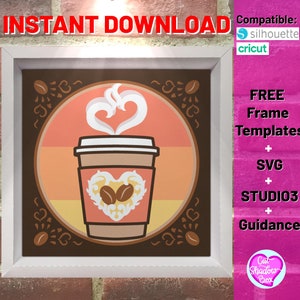 Könnte beinhalten: Ein digitaler Download einer Kaffeetasse mit einem herzförmigen Design und Dampf in Form eines Herzens. Das Bild befindet sich in einem weißen Rahmen vor einem Hintergrund aus Ziegeln. Der Text "INSTANT DOWNLOAD" befindet sich oben im Bild. Der Text "Compatible: silhouette cricut" befindet sich rechts im Bild. Der Text "FREE Frame Templates + SVG + STUDIO3 + Guidance" befindet sich ebenfalls rechts im Bild.