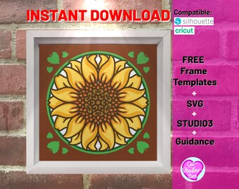 Plantilla de cuadro de sombra de girasol 3D, archivo de corte de cuadro de sombra de papel cortado para diseño de silueta de Cricut