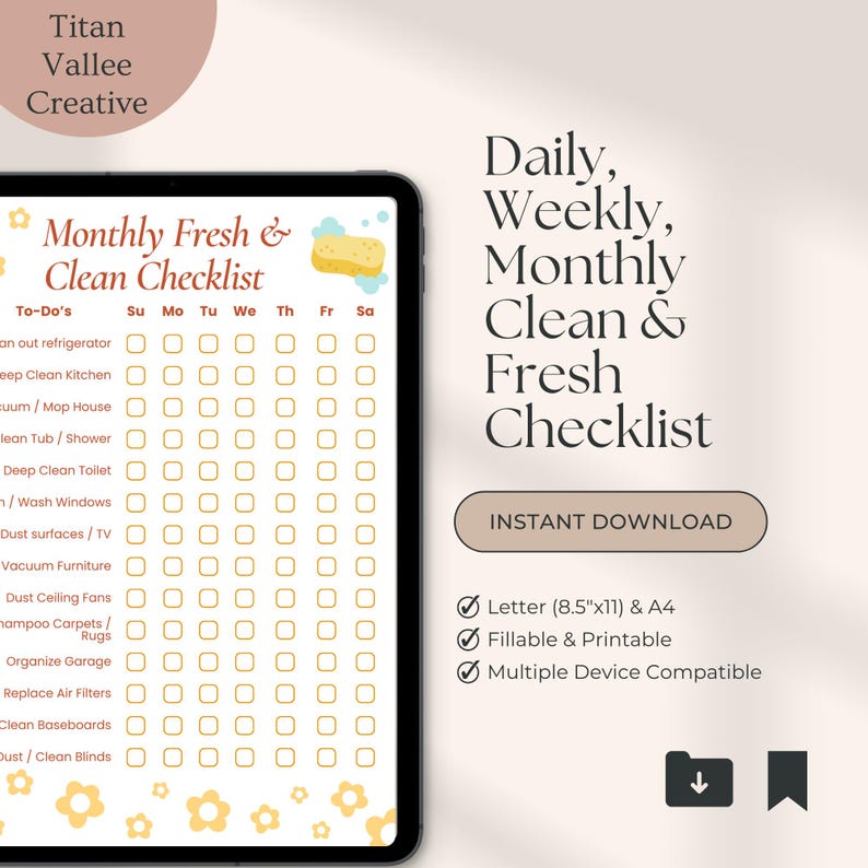 PRINTABLE & FILLABLE Cleaning Checklist, Daily Weekly Monthly Cleaning ...
