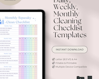 May include: Printable cleaning checklist templates for daily, weekly, and monthly tasks. The templates are available in letter (8.5"x11") and A4 sizes. They are fillable and compatible with multiple devices.