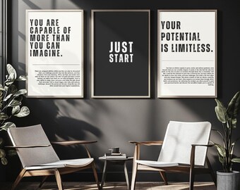 Arte de pared imprimible motivacional, impresión de cita inspiradora, decoración de oficina, impresión de recordatorio diario, trabajo de energía positiva, cita "Simplemente comience"