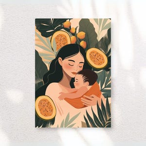 Printable Wall Art of Mother and Child - Mother with Baby, Mother and Child Digital Printable Art, Nursery Baby Shower Gift, New Mom, Papaya