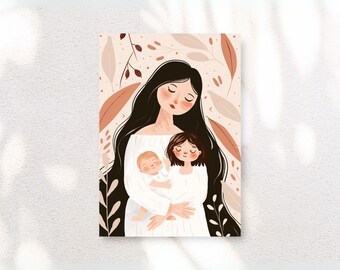 May include: A digital illustration of a mother holding two children. The mother has long dark hair and is wearing a white dress. The children are both wearing white dresses. The background is a light brown with brown leaves.