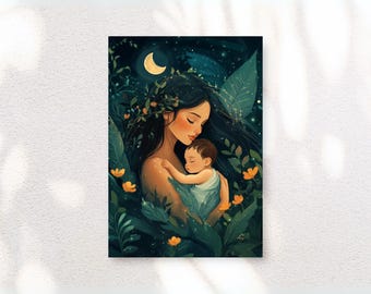 Mother and Child Art Print, Night Blue, Green Nursery Decor (Digital Download)
