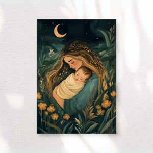 Mother and Child digital Art Print, Family Art Printable Mother and daughter Art, Cute Gift for Mother, Mother Child Print, green and blue