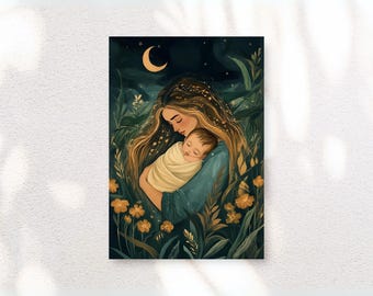 Mother and Child Art Print, Starlit Nursery Decor (Digital Download)