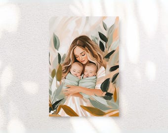 Twin Mom Art Print – Loving Mother & Babies, Nursery Decor (Digital Download)