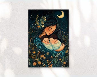 Mom of Twins Art Print, Mother and Daughter, Blue & Green (Digital Download)