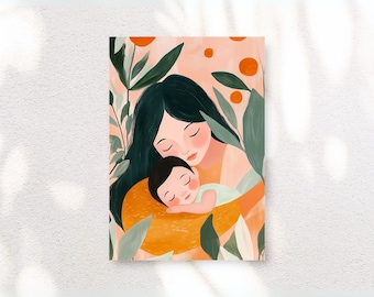 May include: A digital illustration of a mother holding a sleeping baby in her arms. The mother has long dark hair and is wearing a light orange dress. The baby is wearing a light blue shirt. The background is a soft pink with green leaves and orange circles.