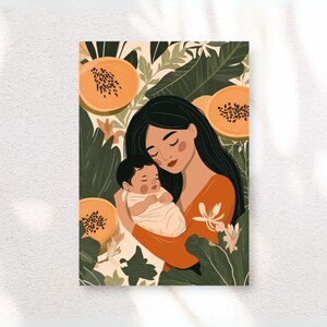 Printable Wall Art of Mother and Child - Mother with Baby, Mother and Child Digital Printable Art, Nursery Baby Shower Gift, New Mom, Fruits