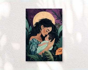 Mother and Child Art Print, Purple Starlit Sky, Family Love (Digital Download)