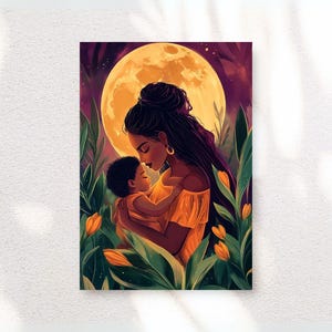 Stampa artistica madre e figlio - Arte digitale - Mamma nera - Maternità - Arte di famiglia stampabile