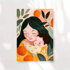 以下が含まれることがあります： 母親と子供を描いた絵画。母親は長い黒髪で、子供を腕に抱いている。子供は眠っていて、茶色の髪をしている。背景は薄いオレンジ色で、緑の葉とオレンジ色の果物が描かれている。