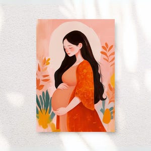 Digital Art Print of Pregnant Woman - Expecting Mom - New Mom Gift - Pregnancy Art - Pregnant Woman Art Print - Orange colors