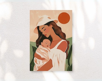 May include: An illustration of a mother holding a baby. The mother wears a white dress and hat, with long brown hair. The baby is wrapped in a white blanket. A red circle represents the sun in the background, with green foliage.