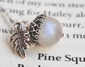 Rainbow Moonstone and Silver Acorn Necklace | Fall Acorn Necklace | June Birthday Necklace | Gemstone Acorn Charm Necklace | Nature Jewelry