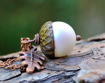 Faerie Magic Acorn Necklace | Iridescent White and Copper Acorn Pendant | Nature Jewelry | Fall Acorn Charm Necklace