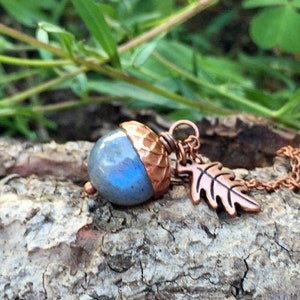 Labradorite and Copper Acorn Necklace | Gemstone Acorn Necklace | Labradorite Gemstone Necklace | Fall Copper Acorn Charm Necklace