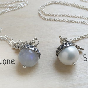 June Moonstone OR Shell Pearl Birthstone Necklace  | Acorn Necklace | June Birthday Necklace |Gemstone Acorn Charm Necklace | Nature Jewelry