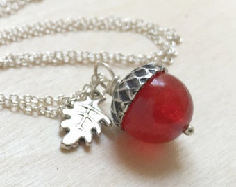 July Red Chalcedony Birthstone Necklace | Acorn Necklace | July Birthday Necklace | Gemstone Acorn Charm Necklace | Nature Jewelry