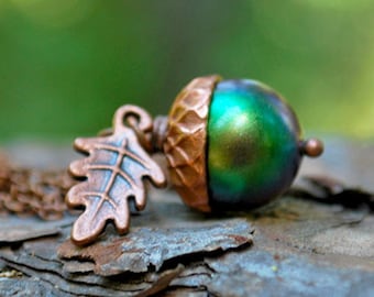 Beetle Magic Acorn Necklace | Iridescent Green and Copper Acorn Pendant | Nature Jewelry | Fall Acorn Charm Necklace | Goblincore Jewelry